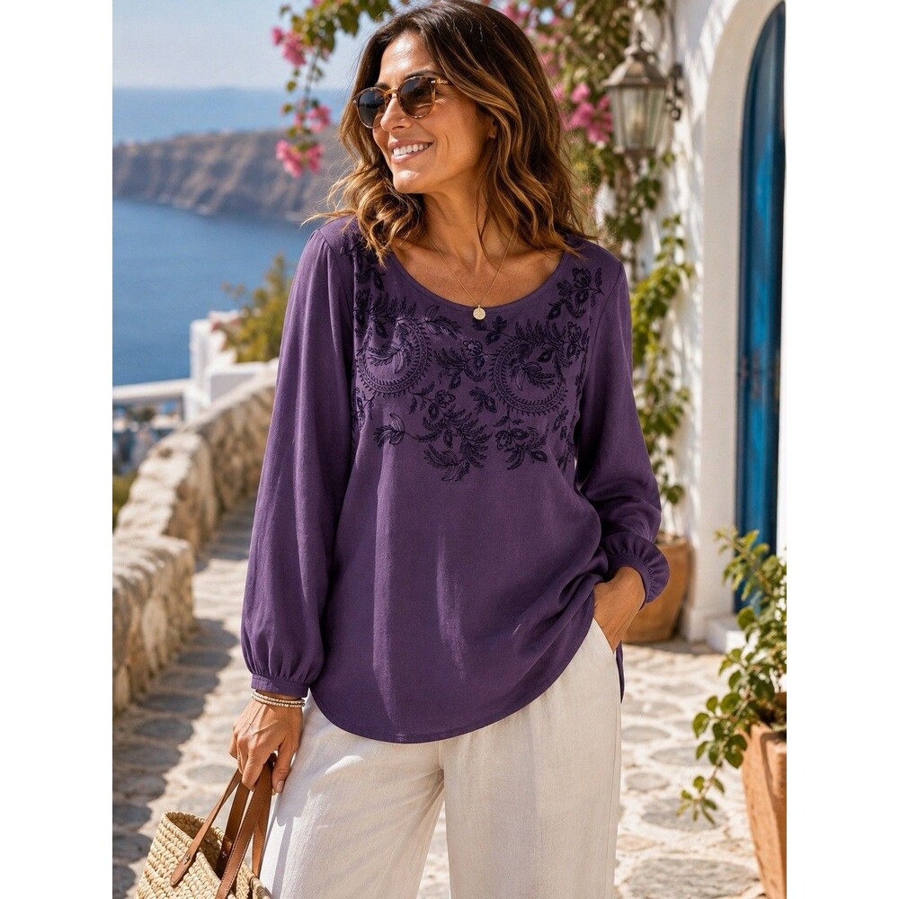 Pure Jill J. Jill Tunic Top Purple Embroidered Neckline Cotton Curved Hem Size L